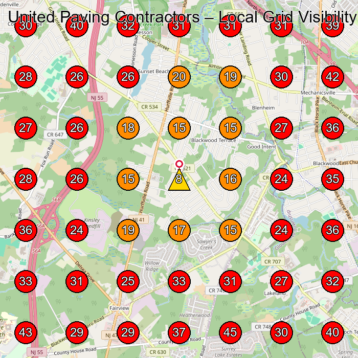 United Paving Contractors GeoGrid visibility map for Truck Rental Agency in Deptford
